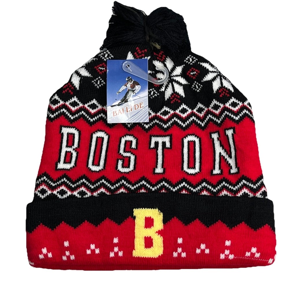 Boston Beanie Hat Winter Pom Pom Knit Ski Cap Red Black One Size NEW